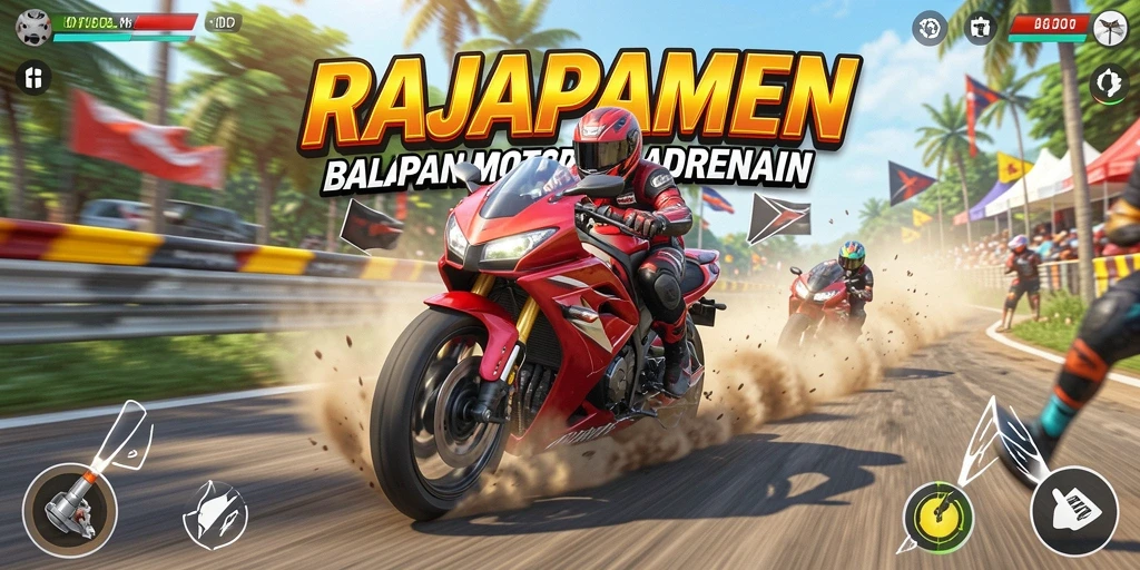 Screenshot gameplay RAJAPAMEN yang menampilkan aksi balapan motor menegangkan.