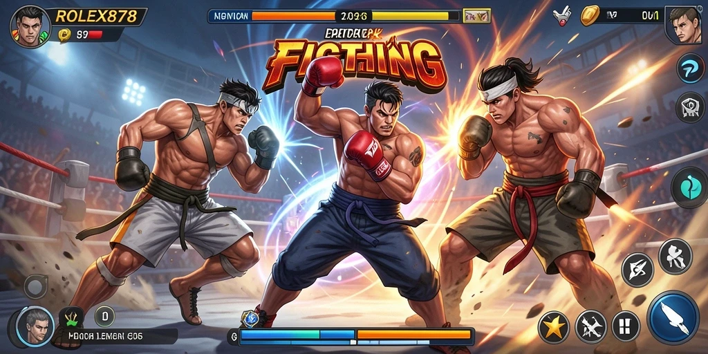 Tampilan gameplay ROLEX878 dengan pertarungan seru antar karakter.