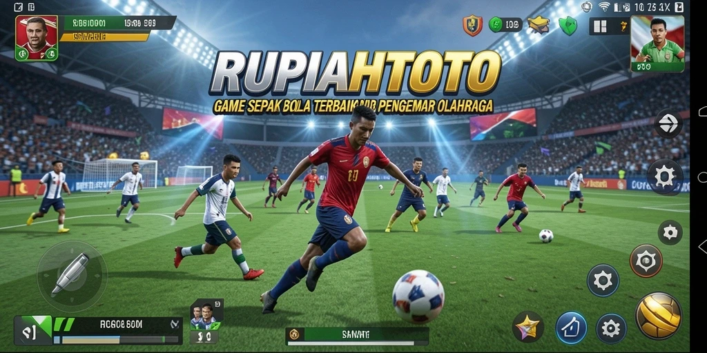 Screenshot gameplay RUPIAHTOTO menampilkan aksi seru di lapangan sepak bola.