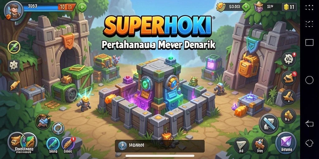 Screenshot SUPERHOKI menampilkan aksi pertahanan mendebarkan di level Tower Defense.